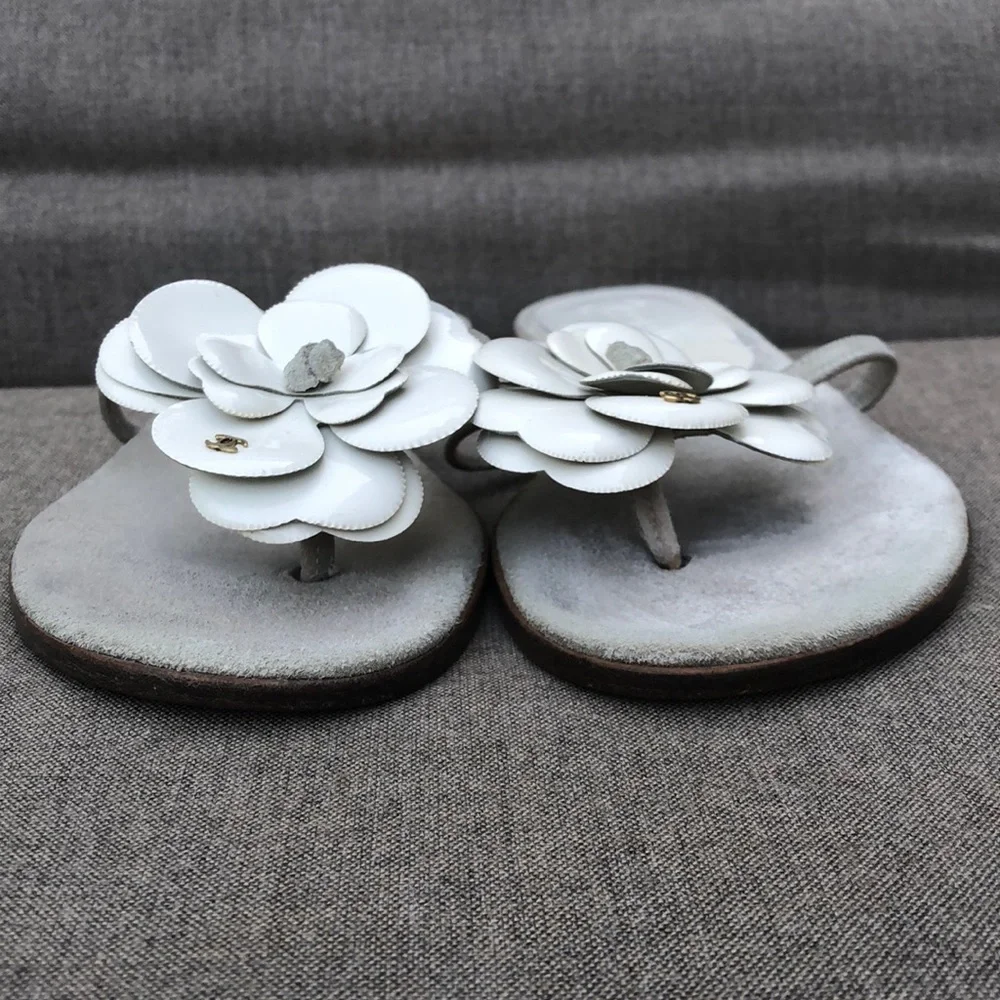 CHANEL Leather Camellia Flip Flop Sandals